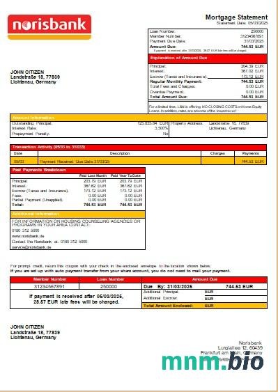 Niemcy Bank Norisbank wyciąg z kredytu hipotecznego szablon Word i PDF